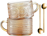SISXSO Vintage Coffee Mugs 14 Oz Set of 2 Amber Embossed Glass Tea Cups for Cappccino, Latte,Cereal, Yogurt, Beverage Christmas Thanksgiving Day Gifts