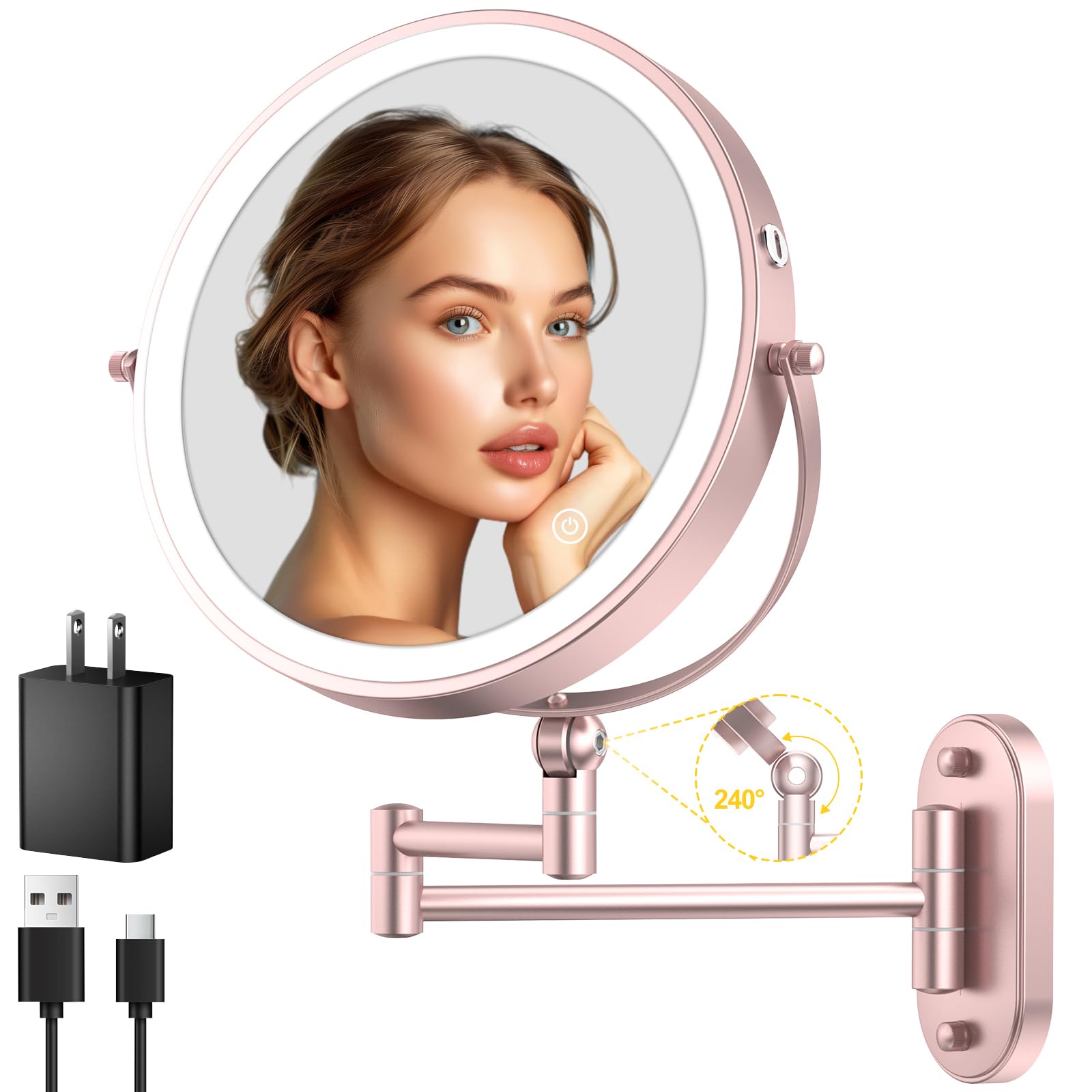 SISXSO 9" Wall Mounted Lighted Makeup Mirror,4000mAh Rechargeable Double Sided 1X/10X Magnifying Mirror with Light,3 Color Lights,Touch Dimmable,Extended Arm 360 Rotation Wall Mounted Makeup Mirror