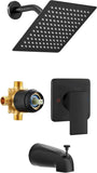 SISXSO 8" Square Rainfall Shower Faucet Set with Tub Spout, Matte Black
