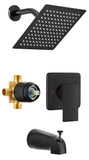 SISXSO 8" Square Rainfall Shower Faucet Set with Tub Spout, Matte Black