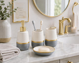SISXSO 4 Piece Ceramic Bathroom Accessories Set, White Gray and Gold Soap Dispenser, Toothbrush Holder, Tumbler and Soap Dish, Modern Bathroom Countertop Vanity Decor