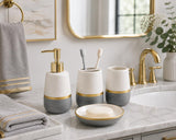 SISXSO 4 Piece Ceramic Bathroom Accessories Set, White Gray and Gold Soap Dispenser, Toothbrush Holder, Tumbler and Soap Dish, Modern Bathroom Countertop Vanity Decor