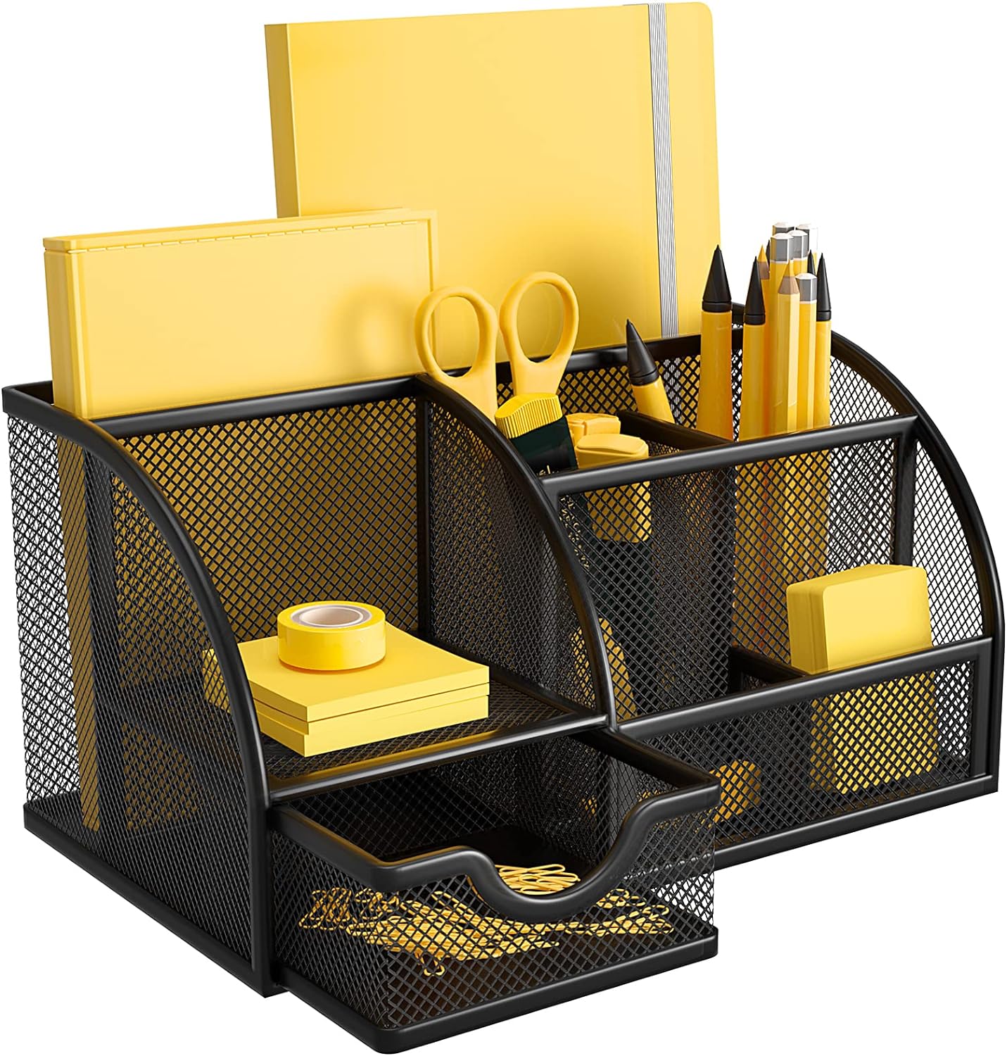 SISXSO Mesh Desk Organizer Multifunctional Desktop Office Supplies Holder with 6 Compartments and 1 Drawer for Home School Classroom