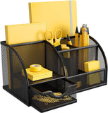 SISXSO Mesh Desk Organizer Multifunctional Desktop Office Supplies Holder with 6 Compartments and 1 Drawer for Home School Classroom