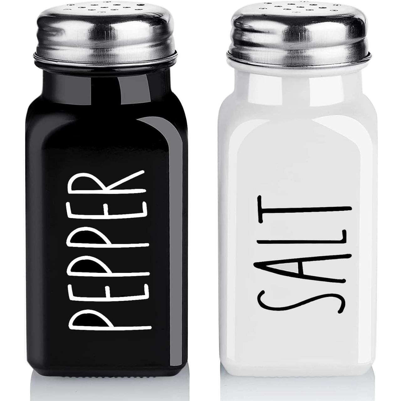SISXSO Salt and Pepper Shakers Set, Cute Glass Spice Shaker with Stainless Steel Lid, Black and White Kitchen Table Decor and Accessories for Counter, for Kitchen Wedding Gifts, 2.7oz Each