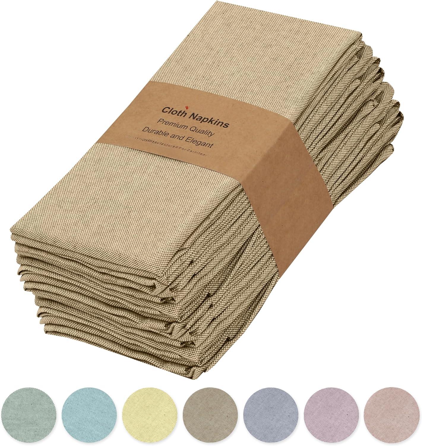 SISXSO Cloth Napkins Set of 12, 18x18 Reusable Napkins Cloth Washable, Soft & Durable Table Napkins, Polycotton Chambray Dinner Napkins for Parties, Christmas, Thanksgiving, Weddings - Sand