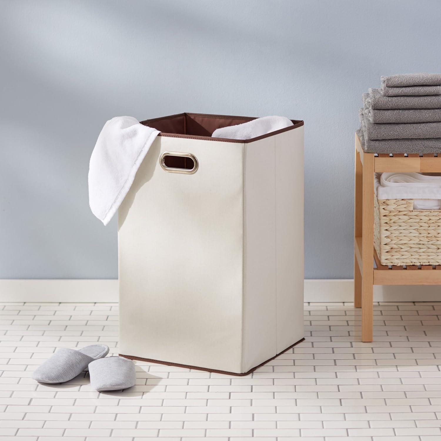 SISXSO Rectangular Foldable Laundry Basket Hamper, Beige,Brown