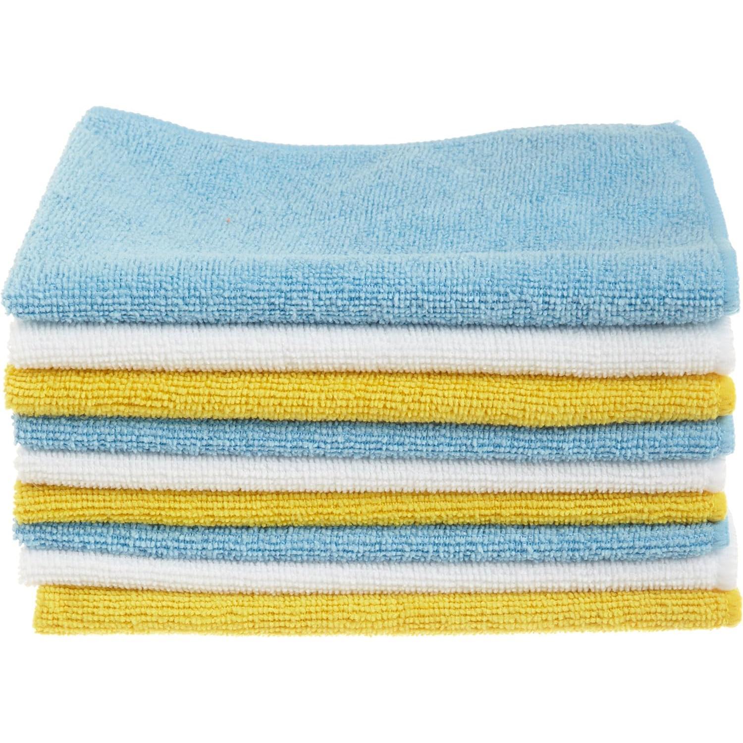 SISXSO Microfiber Cleaning Cloth, Non-Abrasive, Reusable and Washable, Pack of 24, Blue/White/Yellow, 16" x 12"
