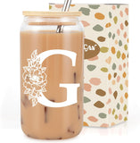 SISXSO Initial Glass Cup, Monogrammed Gifts for Women, 16 oz Glass Cups w/Lids Straws, Iced Coffee, Beer Can Shaped Glass Tumbler w/Straw Lid - Personalized Christmas, Birthday Gifts for Her