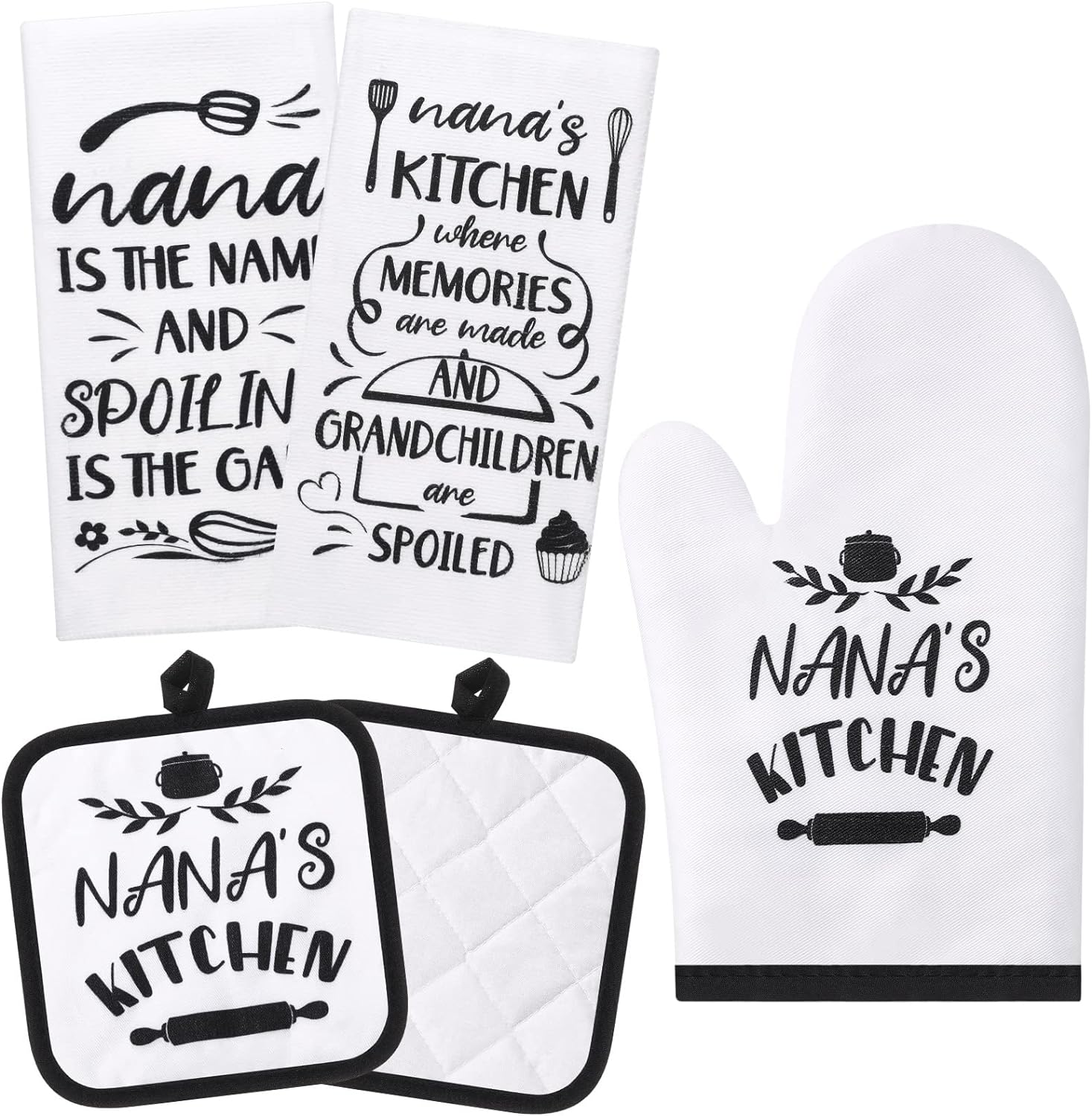 SISXSO 5 Pcs Nana Kitchen Set Includes 2 Pieces Nana Dish Towels 2 Pieces Nana Oven Pads Pot Holder Nana Oven Mitt Nana Gift for Home Birthday Kitchen Cooking Baking (Nana Style)