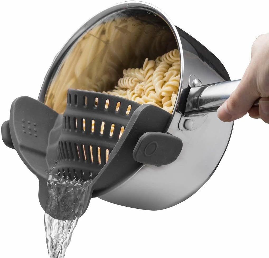 SISXSO Pot Strainer & Pasta Strainer - Adjustable Silicone Clip On Strainer for Pots, Pans, & Bowls- Kitchen Gadgets, Noodle Strainer, Food Strainer, Kitchen Gifts for Women, Gray