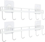 SISXSO Adhesive Wall Hooks Rack Kitchen Rail, Space Saving Utensil Holder No Drilling Wall Mounted Accessory Hanger with 6 Hooks for Kitchen Bathroom Bedroom Pack of 2 (Black)