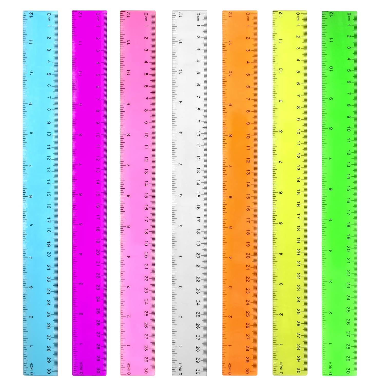SISXSO Color Transparent Ruler Plastic Rulers - Ruler 12 inch, s Ruler for School, Ruler with Centimeters, Millimeter and Inches, Assorted Colors, Clear Rulers, 7 Pack School Rulers