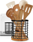 Suporte para utensílios de cozinha Suporte para utensílios grande com base de madeira e suporte de metal preto fosco, soluções de armazenamento para cozinha/armazenamento de itens pequenos 