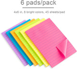SISXSO Lined Sticky Notes 4X6 in Bright Ruled Post Stickies Colorful Super Sticking Power Memo Pads Its, 45 Sheets/pad, 6 Pads/Pack