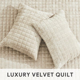 SISXSO Luxury Velvet Quilt Set King Size Bedding Sets, Ultra Soft Velvet Comforter Set, Lightweight Channel Box Stitch Oversized Bedspread Coverlet for All Season, with 2 Shams, Beige