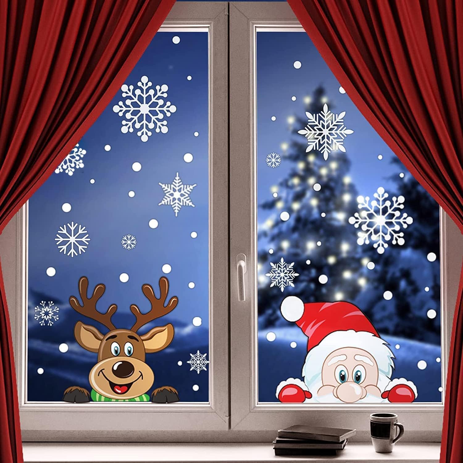 SISXSO 300 PCS 8 Sheet Christmas Snowflake Window Cling Stickers for Glass, Xmas Decals Decorations Holiday Snowflake Santa Claus Reindeer Decals for Party
