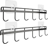 SISXSO Adhesive Wall Hooks Rack Kitchen Rail, Space Saving Utensil Holder No Drilling Wall Mounted Accessory Hanger with 6 Hooks for Kitchen Bathroom Bedroom Pack of 2 (Black)