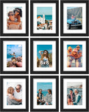 SISXSO 8x10 Picture Frames Set of 9, Shatter Resistant Plexiglass, Display 5x7 Pictures with Mat or 8x10 without Mat, Photo Frames for Wall or Tabletop, Engineered Wood, Black