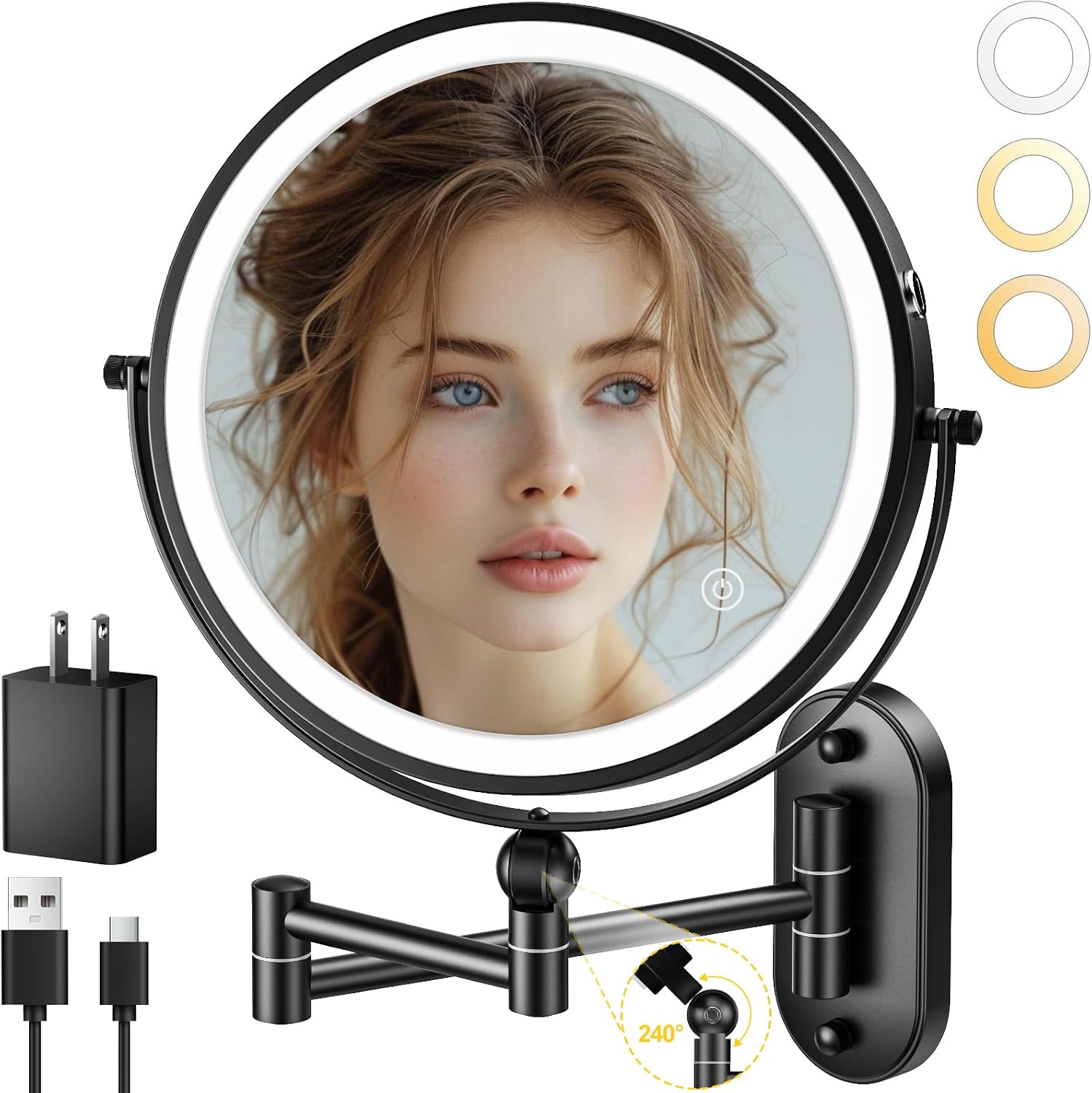 SISXSO 9" Wall Mounted Lighted Makeup Mirror,4000mAh Rechargeable Double Sided 1X/10X Magnifying Mirror with Light,3 Color Lights,Touch Dimmable,Extended Arm 360 Rotation Wall Mounted Makeup Mirror