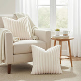 SISXSO Faux Fur Spring Throw Pillow Covers 18x18 Set of 2, Decorative Soft Plush Striped Neutral Couch Pillow Covers with Velvet Back for Sofa, Bed, Living Room Home, Cream White