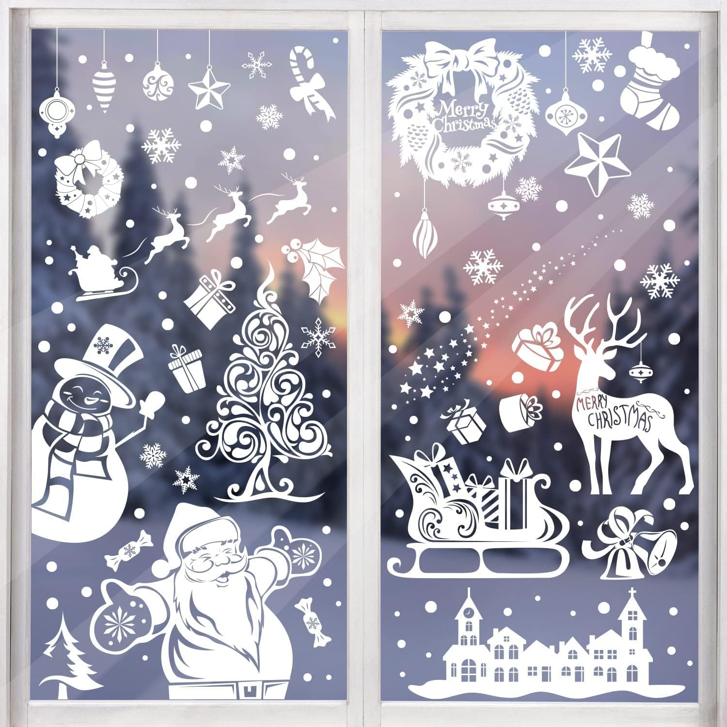 SISXSO 300 PCS 8 Sheet Christmas Snowflake Window Cling Stickers for Glass, Xmas Decals Decorations Holiday Snowflake Santa Claus Reindeer Decals for Party