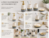 SISXSO 4 Piece Ceramic Bathroom Accessories Set, White Gray and Gold Soap Dispenser, Toothbrush Holder, Tumbler and Soap Dish, Modern Bathroom Countertop Vanity Decor