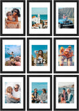 SISXSO 8x10 Picture Frames Set of 9, Shatter Resistant Plexiglass, Display 5x7 Pictures with Mat or 8x10 without Mat, Photo Frames for Wall or Tabletop, Engineered Wood, Black