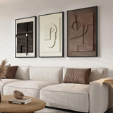 SISXSO 3D Textured Framed Boho Neutral Abstract Wall Art for Living Room, 3 Piece Modern Paintings Artwork for Walls, Black White Brown Minimalist Geometric Pictures for Hallway Office Wall Decor 24x36 In