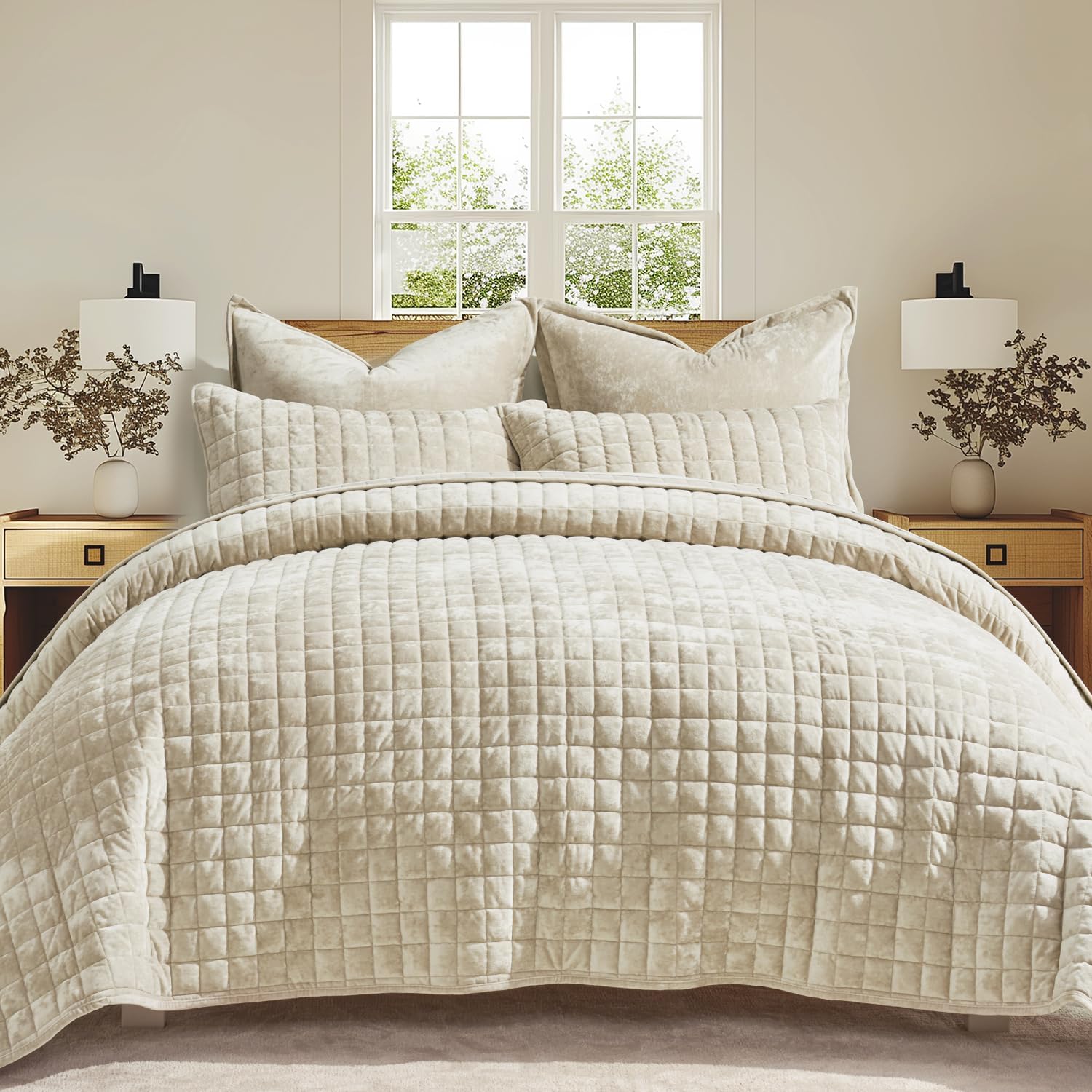 SISXSO Luxury Velvet Quilt Set King Size Bedding Sets, Ultra Soft Velvet Comforter Set, Lightweight Channel Box Stitch Oversized Bedspread Coverlet for All Season, with 2 Shams, Beige