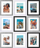 SISXSO 8x10 Picture Frames Set of 9, Shatter Resistant Plexiglass, Display 5x7 Pictures with Mat or 8x10 without Mat, Photo Frames for Wall or Tabletop, Engineered Wood, Black