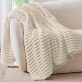 SISXSO Throw Blanket for Couch - 300GSM Soft & Warm Fluffy Cream White Blanket, Decorative and Giftable Striped Blankets for Women, Men, 50"x60"