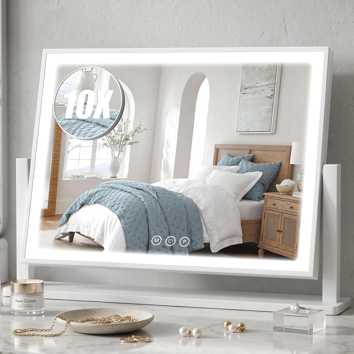 SISXSO Vanity Mirror with Lights, 17"×12.2" LED Makeup Mirror, Rounded Frame, 10X Magnification, Smart Touch with 3-Color Lighting, Dimmable, 360° Rotation, Lighted Up for Makeup Desk, Bedroom (White)