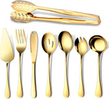 SISXSO Gold Serving Utensils, OGORI 10-Piece Polished Stainless Steel Gold Serving Utensils Set Include Serving Spoons, Slotted Serving Spoon, Serving Tongs, Serving Fork, Salad Fork, Soup Ladle, Pie Server