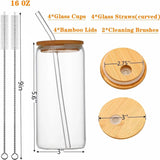 SISXSO 4 pcs 16 oz Glass Cups with Bamboo Lids and Straws-Glass Tumbler with Straw and Lid & Cleaning Brush,Iced Coffee Cups with Lids Ldeal for Smoothie Beer Cocktail Whiskey Tea Juice Gift