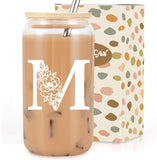 SISXSO Initial Glass Cup, Monogrammed Gifts for Women, 16 oz Glass Cups w/Lids Straws, Iced Coffee, Beer Can Shaped Glass Tumbler w/Straw Lid - Personalized Christmas, Birthday Gifts for Her