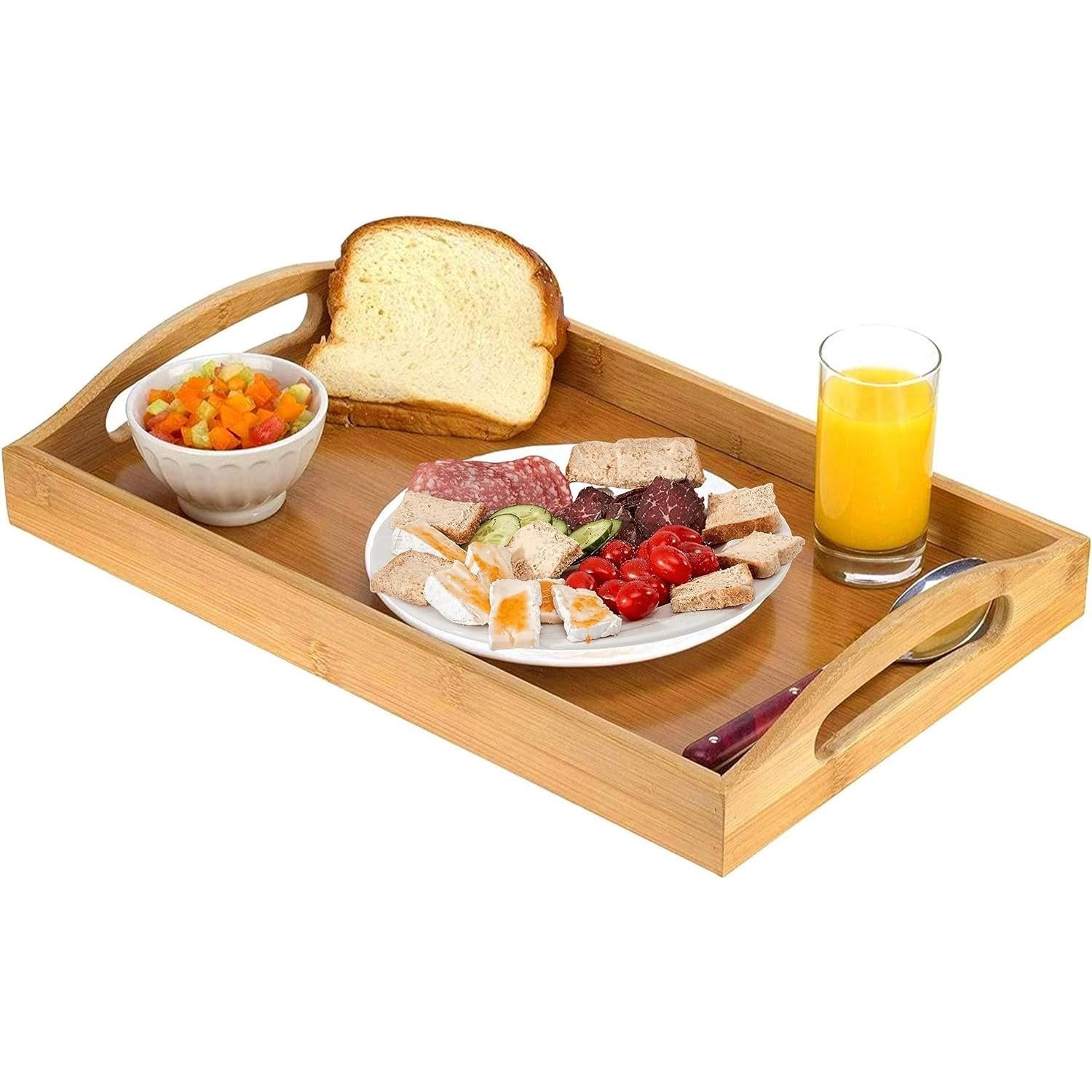 SISXSO Serving tray bamboo - wooden tray with handles - Great for dinner trays, tea tray, bar tray, breakfast Tray, or any food tray - good for parties or bed tray