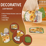 SISXSO Bright Sunflower 5-Piece Kitchen Set – 2 Soft Terry Dish Towels and 2 Quilted Potholders & 1 Oven Mitt for Everyday Use