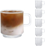 SISXSO [6 PACK, 12 OZ] Premium Glass Coffee Mugs with Handle, Classic Vertical Stripes Tea Cup,Transparent Tea Glasses for Hot/Cold Beverages.