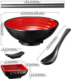 SISXSO Unbreakable Ramen Bowl Set with Chopsticks and Spoon: 2 large Japanese Style Melamine Ramen Bowls, Dipping Bowls and Chopstick Stands for Asian Pho Soup Thai Miso Udon Wonton (2 Bowl Set, Red-Black)