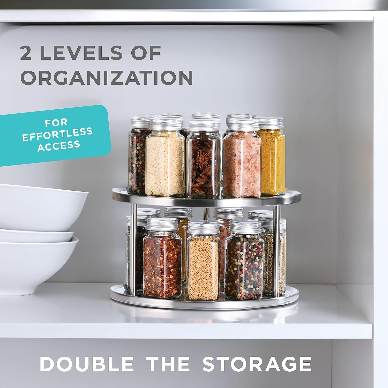 SISXSO 2 Tier Lazy  Organizer - 360-Degree Stainless Steel Turntable Cabinet Organizer Storage for Kitchen, Pantry, Bathroom - Rotating Spice Rack Organizer with 2 Round Trays For Food, Seasoning