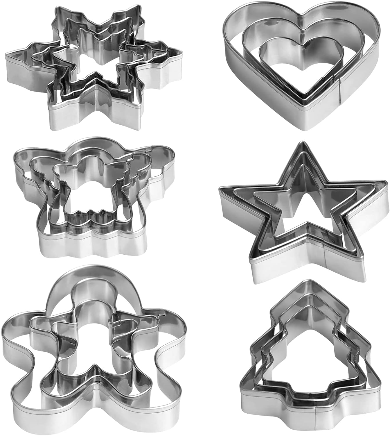 SISXSO Christmas Cookie Cutter Set - Gingerbread Man, Snowflake, Christmas Tree, Heart, Star, Angel - 18 Piece Christmas Cookie Cutters, Cookie Cutters Christmas Shapes for Holiday Winter Baking