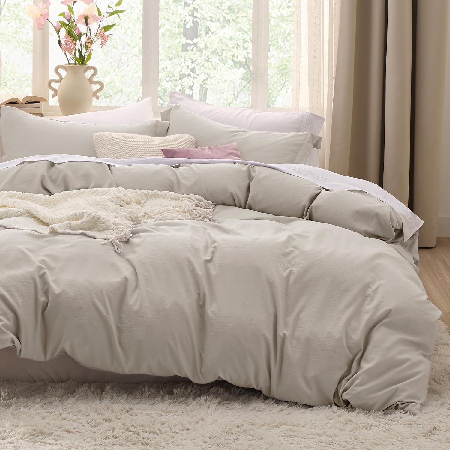 SISXSO Duvet Cover King Size - 3 Pieces Prewashed Cotton-Like Extra Soft Bedding Set, Includes 1 Duvet Cover 104x90 Inches with Zipper Closure & 2 Pillow Shams, Linen, Comforter Not Included