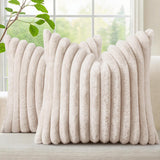 SISXSO Faux Fur Spring Throw Pillow Covers 18x18 Set of 2, Decorative Soft Plush Striped Neutral Couch Pillow Covers with Velvet Back for Sofa, Bed, Living Room Home, Cream White