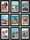 SISXSO 8x10 Picture Frames Set of 9, Shatter Resistant Plexiglass, Display 5x7 Pictures with Mat or 8x10 without Mat, Photo Frames for Wall or Tabletop, Engineered Wood, Black
