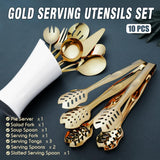 SISXSO Gold Serving Utensils, OGORI 10-Piece Polished Stainless Steel Gold Serving Utensils Set Include Serving Spoons, Slotted Serving Spoon, Serving Tongs, Serving Fork, Salad Fork, Soup Ladle, Pie Server