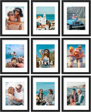 SISXSO 8x10 Picture Frames Set of 9, Shatter Resistant Plexiglass, Display 5x7 Pictures with Mat or 8x10 without Mat, Photo Frames for Wall or Tabletop, Engineered Wood, Black