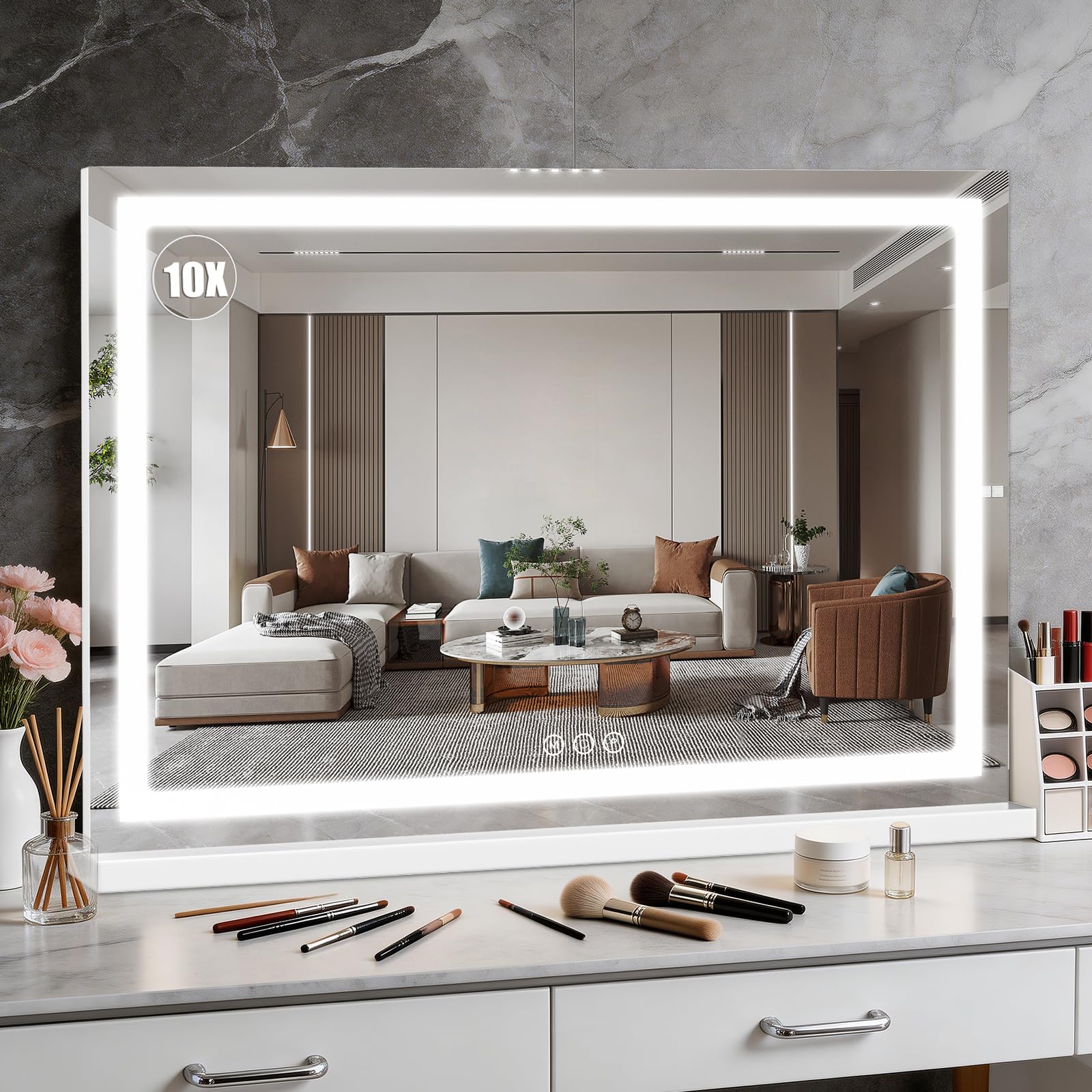 SISXSO Vanity Mirror with Lights, 17"×12.2" LED Makeup Mirror, Rounded Frame, 10X Magnification, Smart Touch with 3-Color Lighting, Dimmable, 360° Rotation, Lighted Up for Makeup Desk, Bedroom (White)