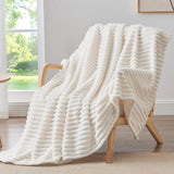 SISXSO Throw Blanket for Couch - 300GSM Soft & Warm Fluffy Cream White Blanket, Decorative and Giftable Striped Blankets for Women, Men, 50"x60"