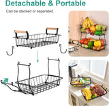 SISXSO 2 Tier Fruit Basket Bowl with 2 Banana Hangers for Kitchen Counter, Countertop Fruit Storage Produce Basket Metal Vegetable Holder Stand Organizer for Bread Snack Veggies Potato, Black
